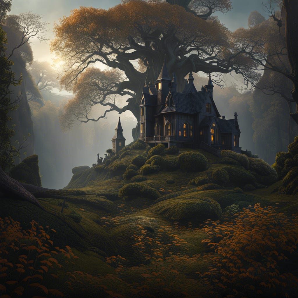 Gothic Forest with Haunted Mansion, Hyperrealistic Digital A...