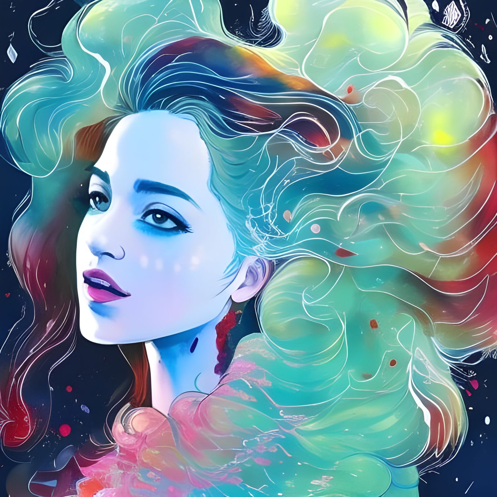 Beautiful Girl with Green Hair, Digital Art