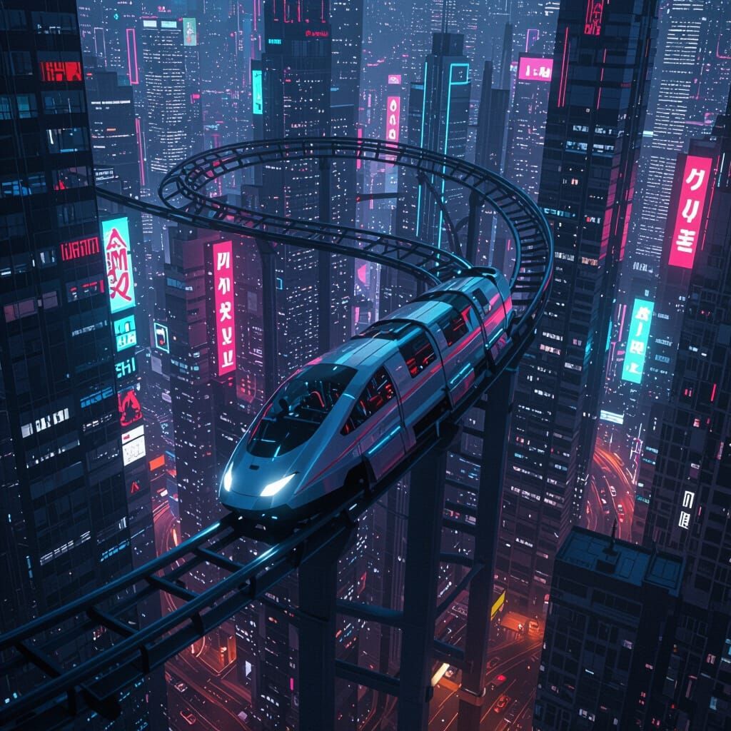 Futuristic Neon Rollercoaster Twisting Through Cityscape