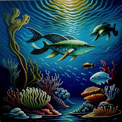 Scintillating Sea Aliens and Plants Oil Painting