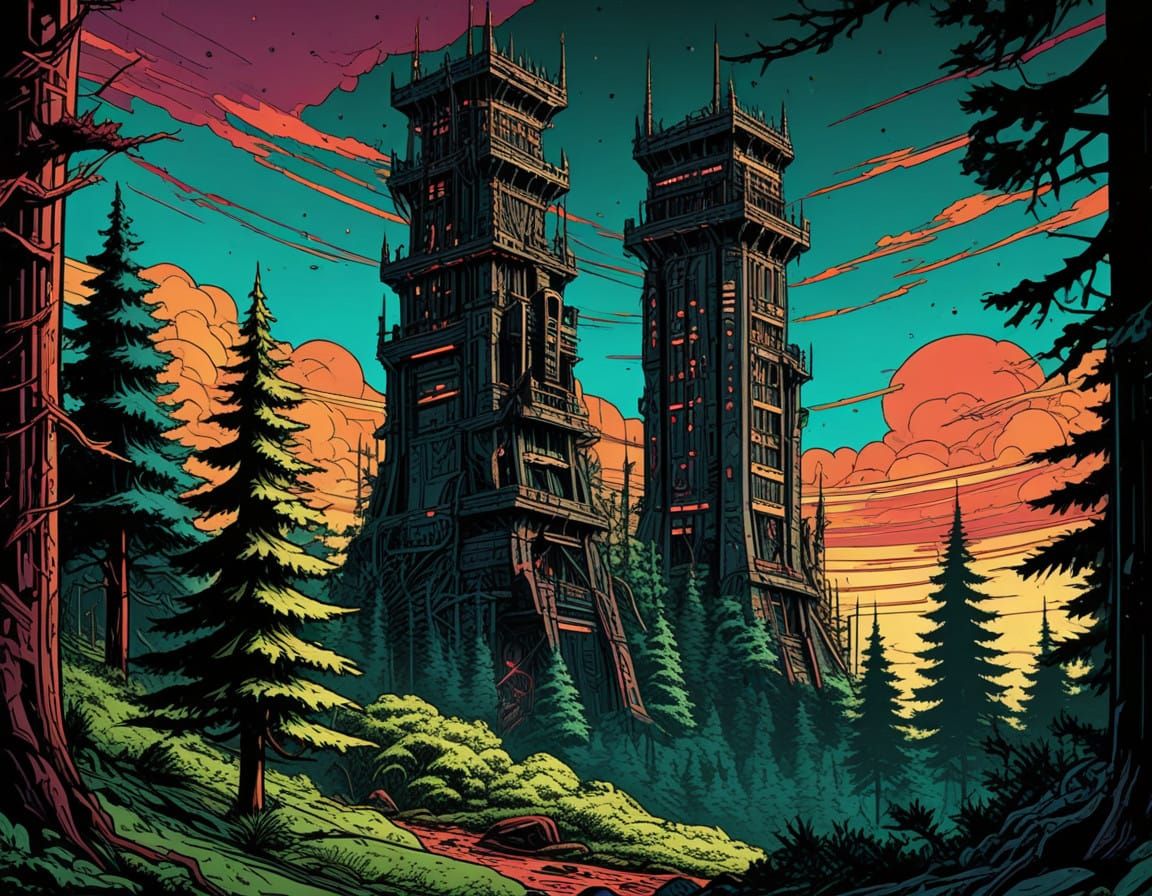Retro Futuristic Tower in Classic Comic Book Style