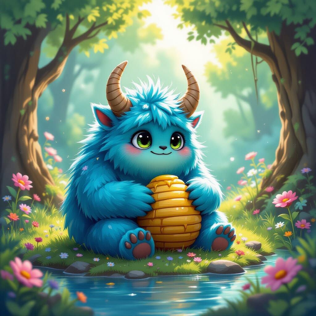 Cyan Creature in Fungal Forest, Whimsical Art