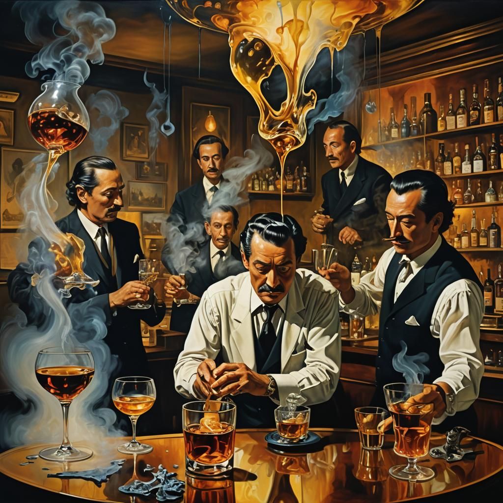Surreal Melting Whiskey Bar in Dreamlike Oil Painting