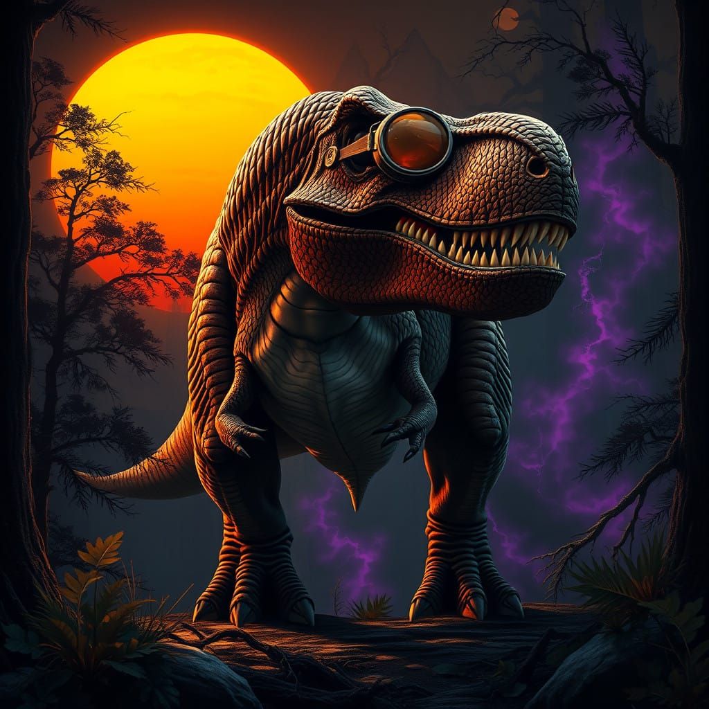 Dark Fantasy Tyrannosaurus Rex Against a Twisted, Ancient Fo...