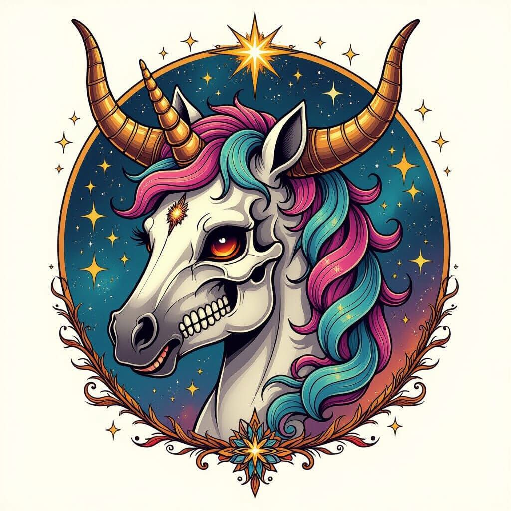 Cosmic Skeleton Unicorn Cow Tattoo Design