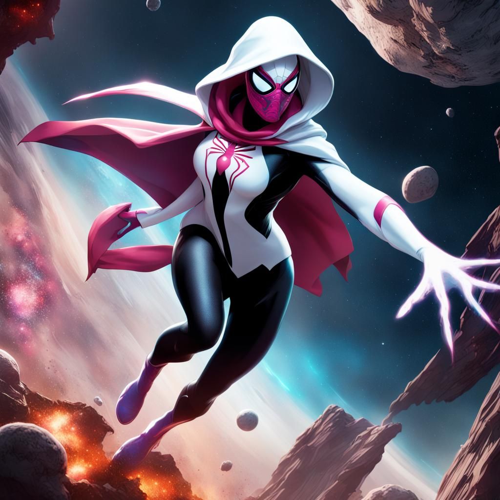 Spider-Gwen Kicks Asteroid in Space: Detailed Digital Art