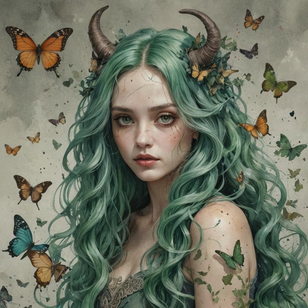 Mystical Woman with Butterflies in Watercolor Style