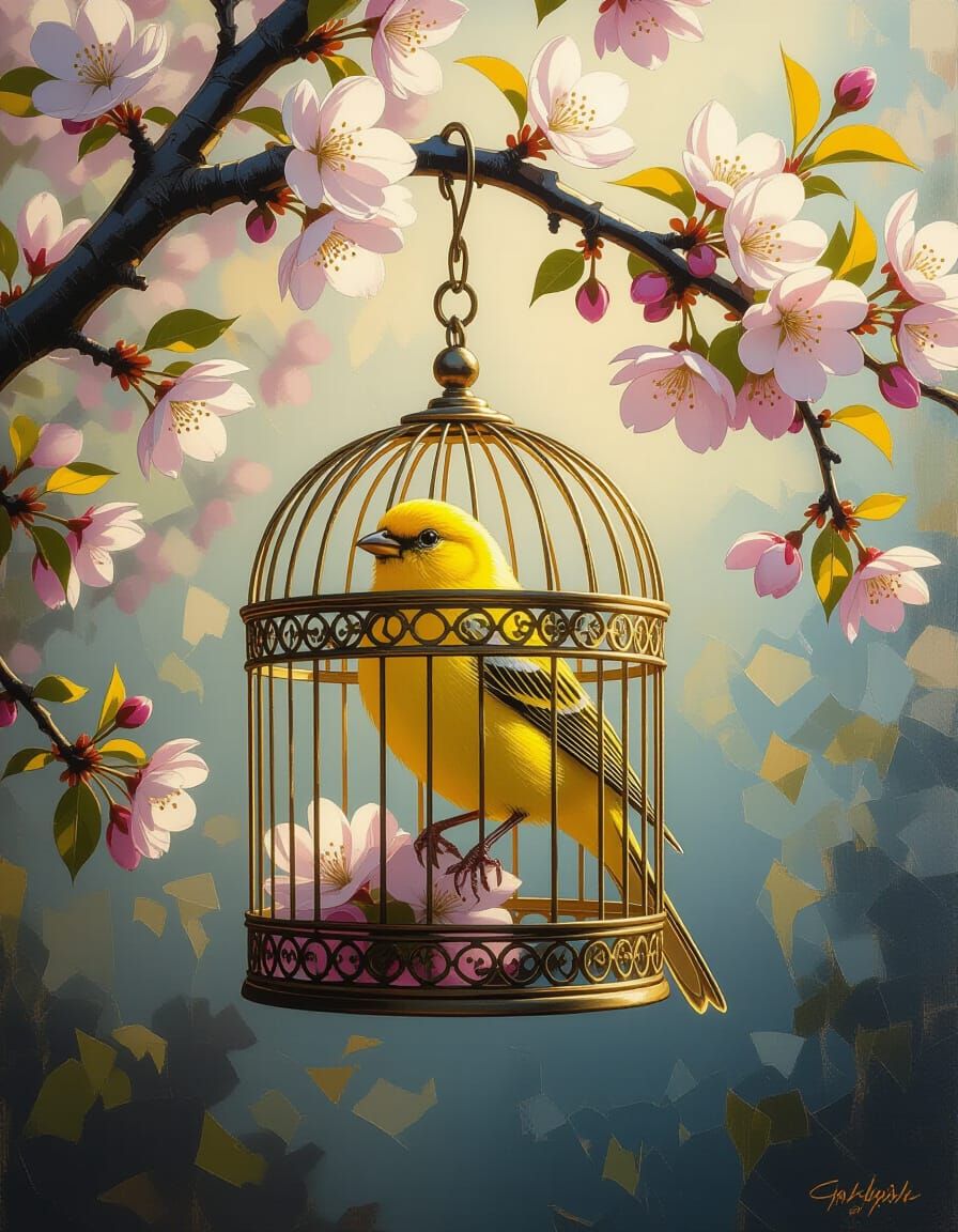 Canary in Ornate Gilded Cage on Apple Branch