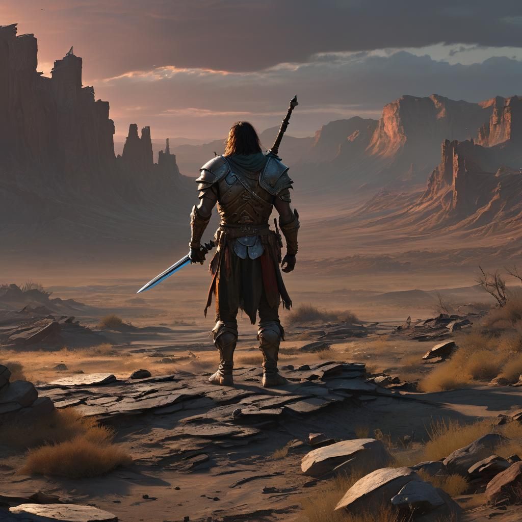 Warrior in Wasteland: Cinematic Oil Painting