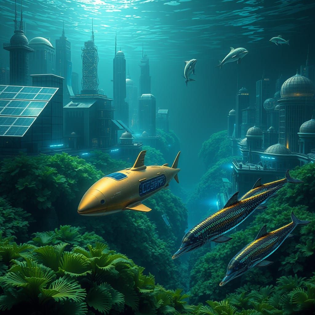 Cyberpunk Underwater City with Solar Panels and Neon Lights