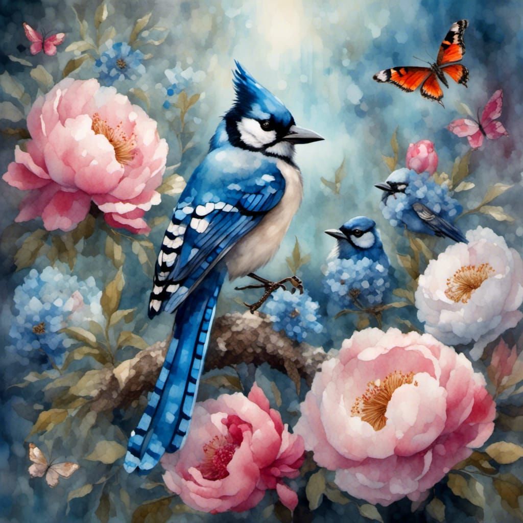 Stellar Blue Jay with Peonies in Watercolor Mosaic