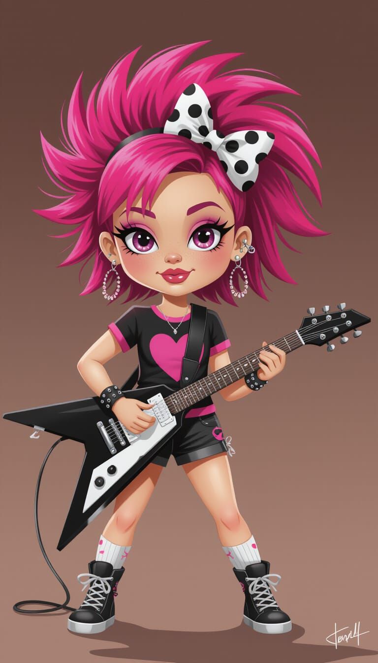 Punk Rock Girl With Electric Guitar in Cartoon Style