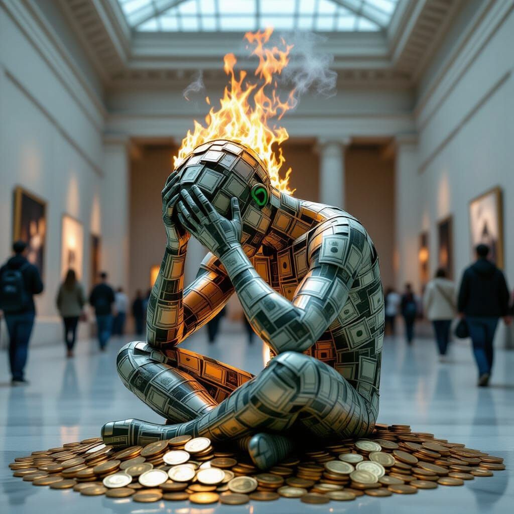 Surreal Sculpture of Burning Dollar Bill Figure