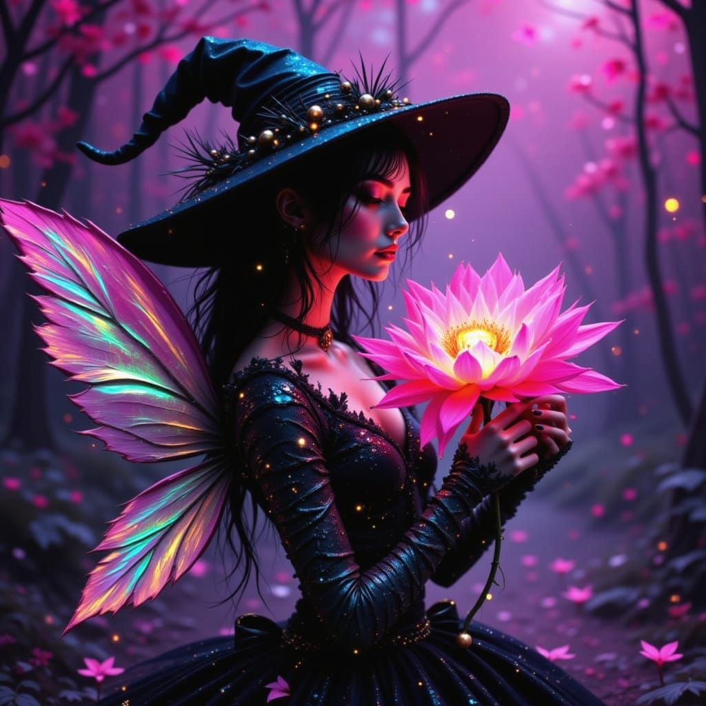 Cyberpunk Witch Fairy with Neon Pink Flowers
