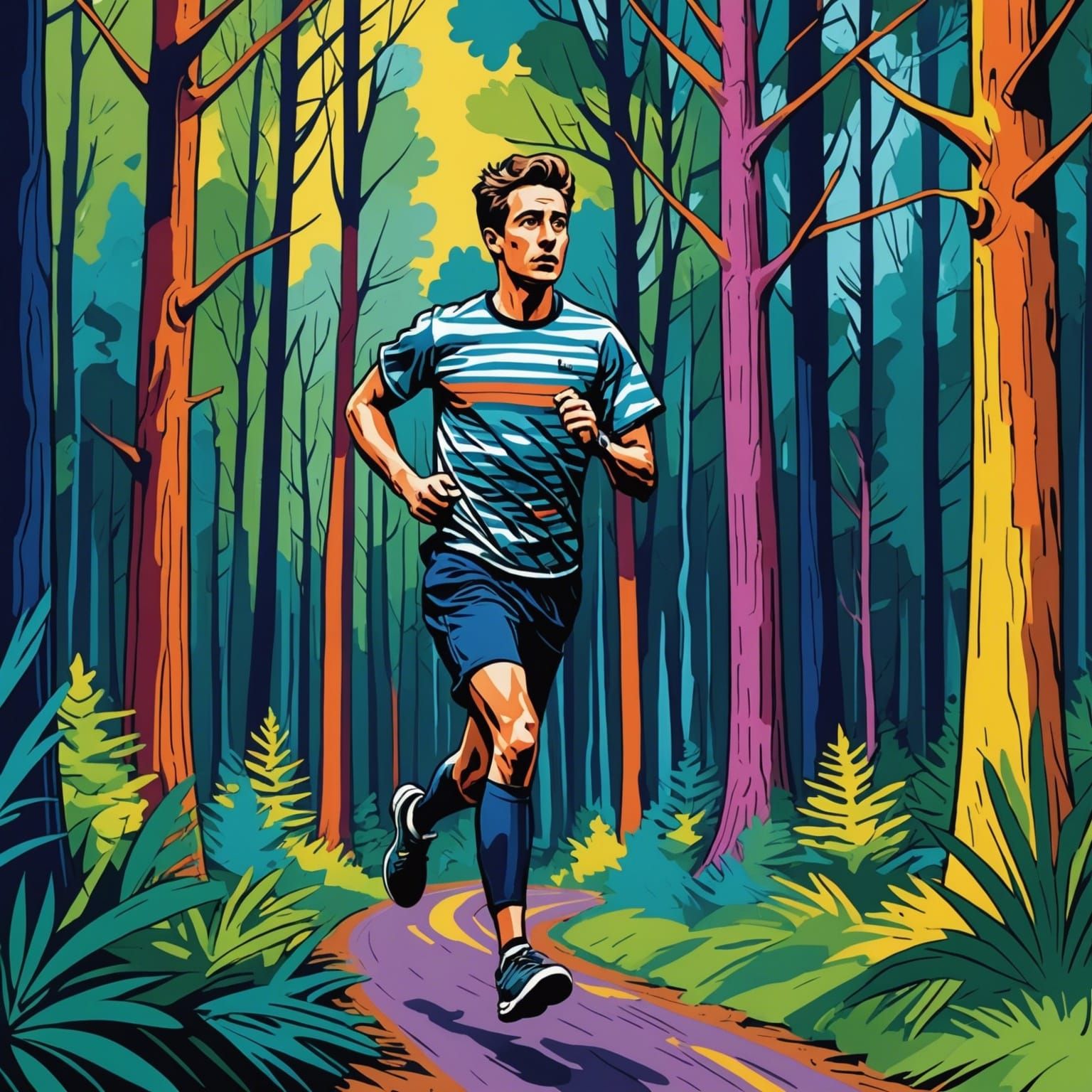Man Running in Dadaist Forest: Whimsical Digital Art