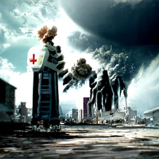 Apocalyptic Nurse in City Explosion