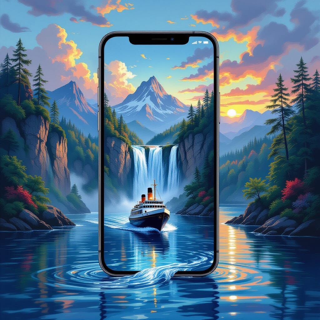 Waterfall Mobile Phone in Expressionist Oil Painting Style