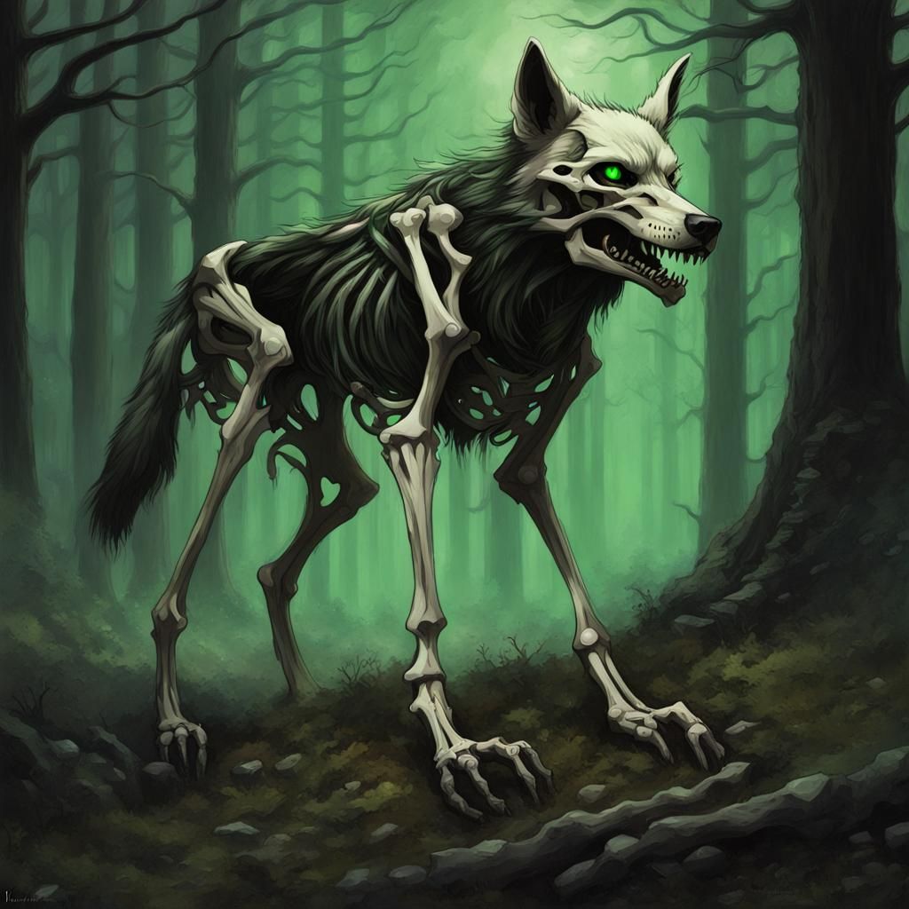 Sinister Skeletal Wolf in Dark Forest