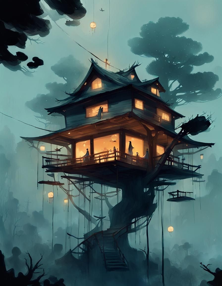 Haunted Floating Japanese Treehouse in Gloomy Forest