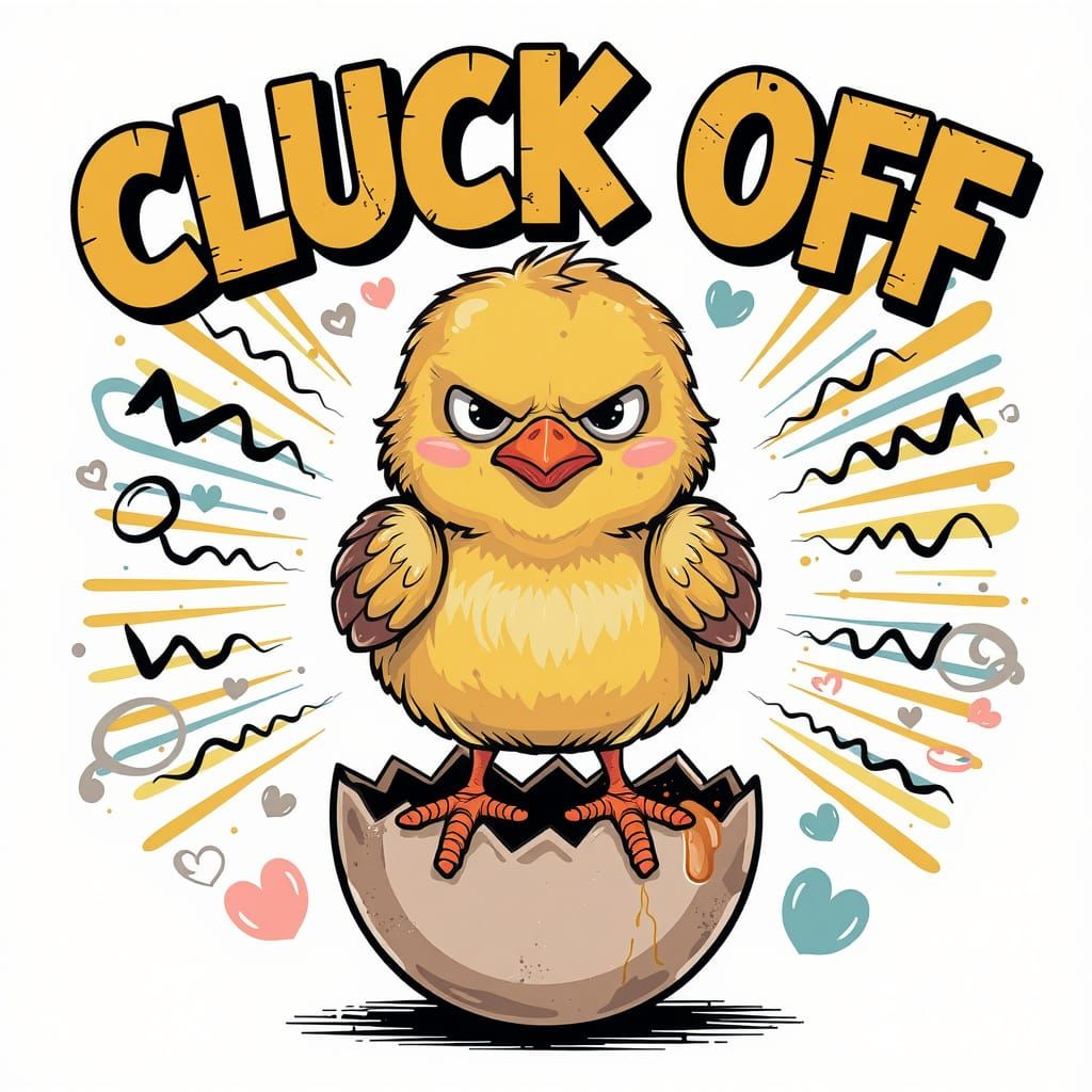 A digital illustration of a grumpy yellow DUCK with soft, pointed feathers holding a steaming cup of coffee. The chick h...