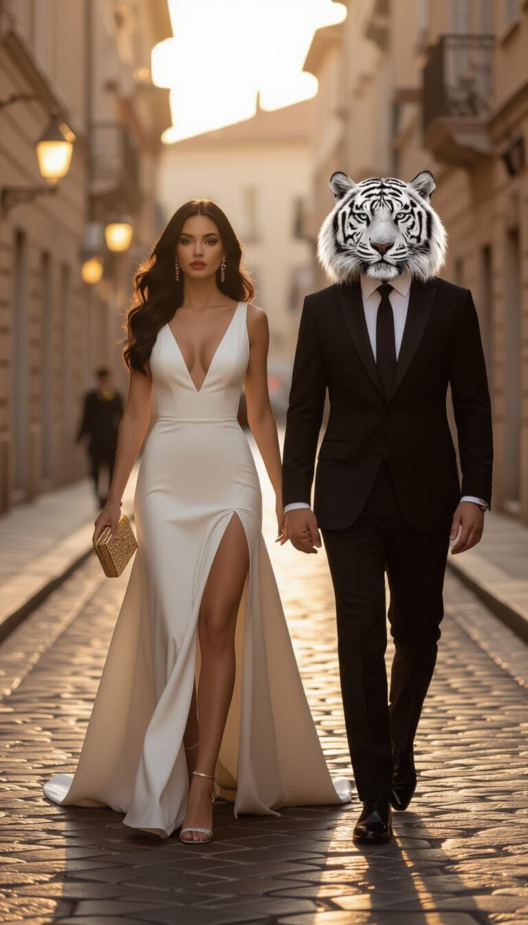 Glamorous Couple with Tiger Head on European Street at Sunse...
