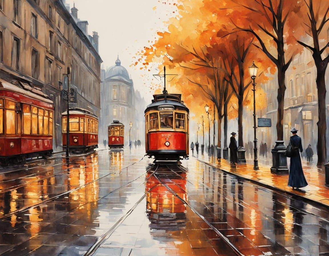 Victorian Tram in Rainy Impressionistic Watercolor