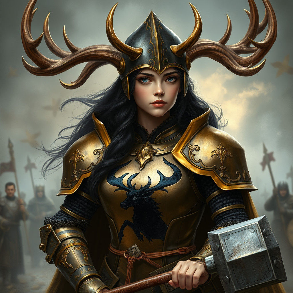 Victorious Medieval Princess with Warhammer on Battlefield