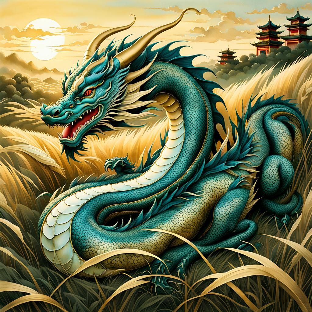 Foo Dragon Asleep in Golden Meadow, Ink Wash Art