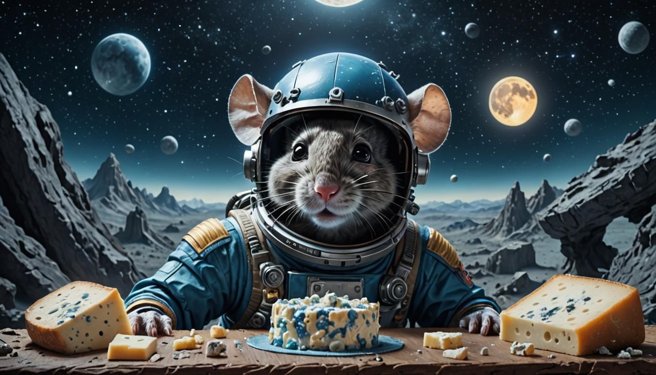 Mouse Stealing Blue Cheese Moon in Space Helmet