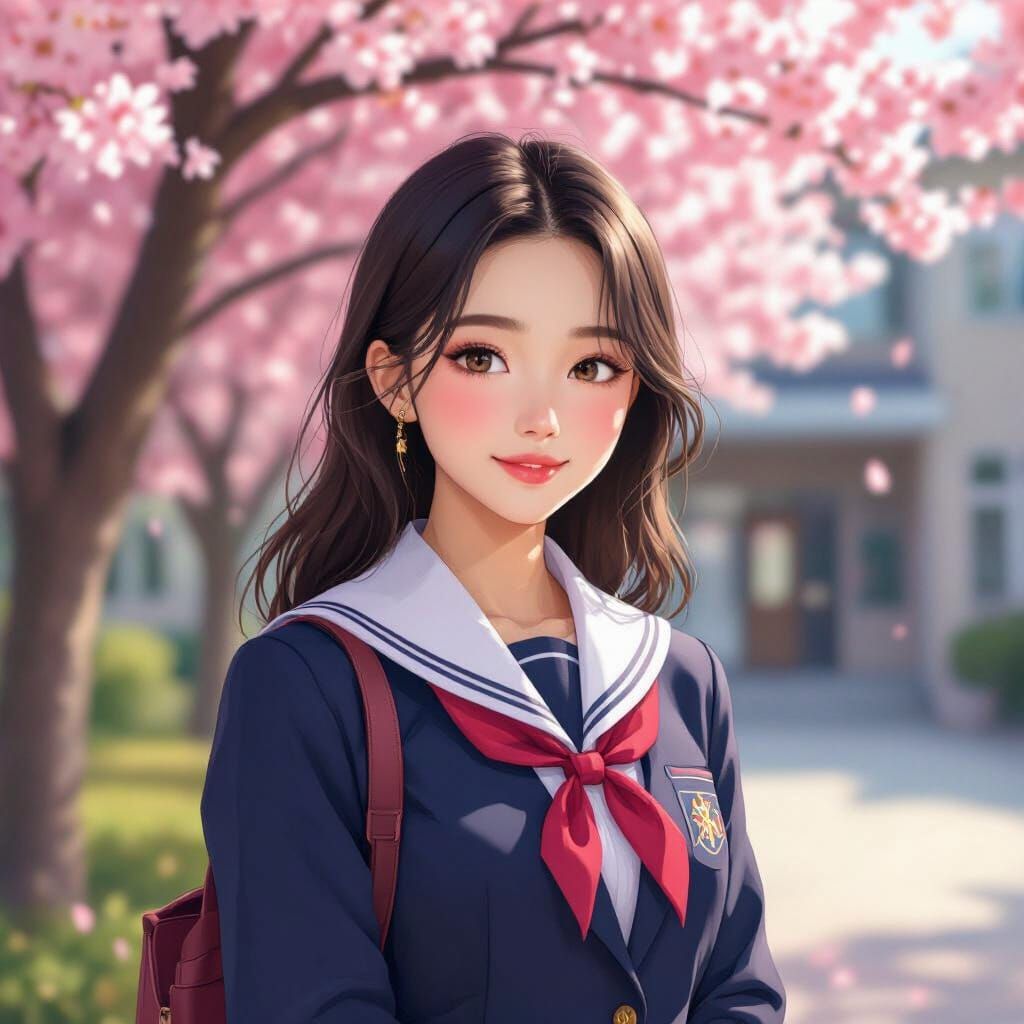 Asian Girl in School Uniform Under Cherry Blossoms