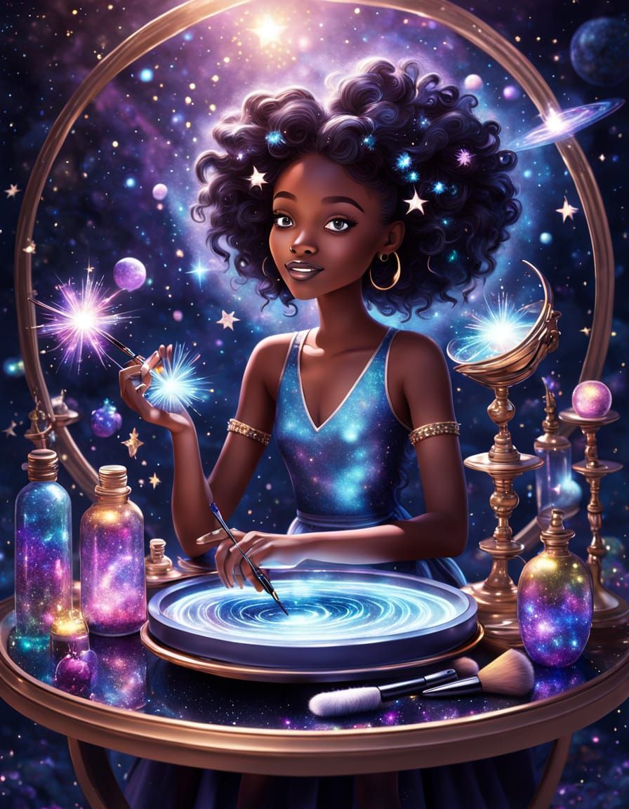 A whimsical animated scene of a melanated woman working as a...