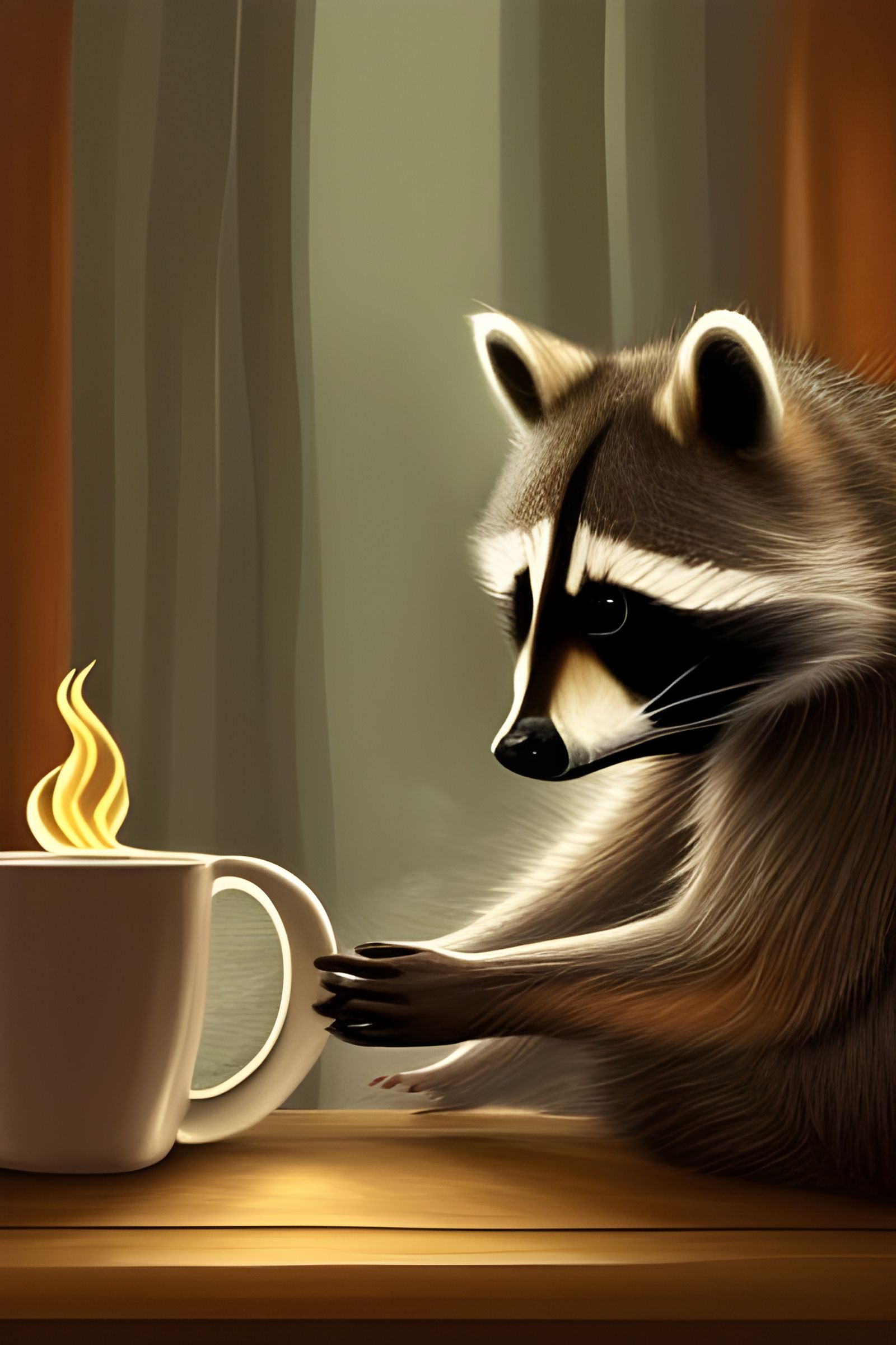 Raccoon Enjoying Coffee by Fireplace: Digital Painting