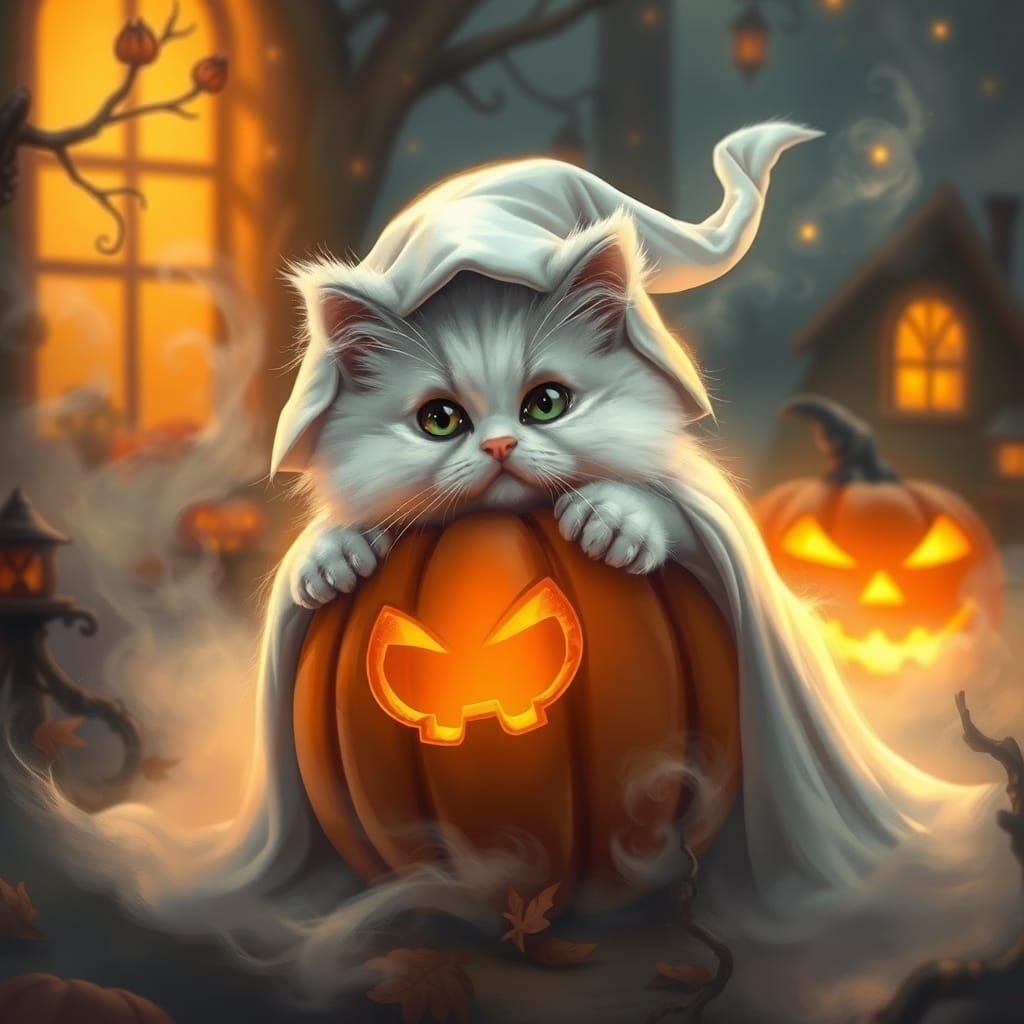 Fluffy Ghost Cat Peeking From Behind Jack-o'-Lantern