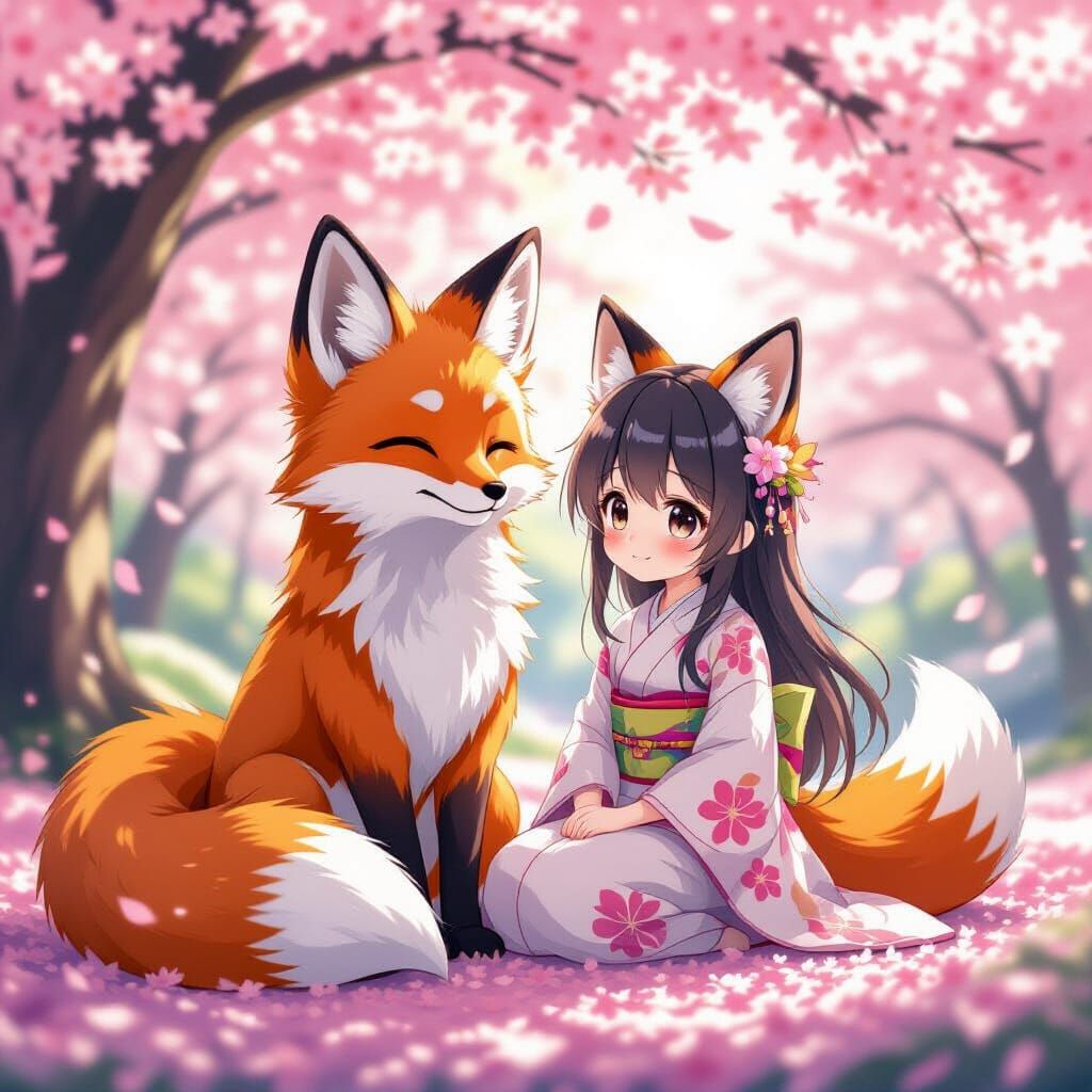 Anime Fox and Girl in Cherry Blossoms