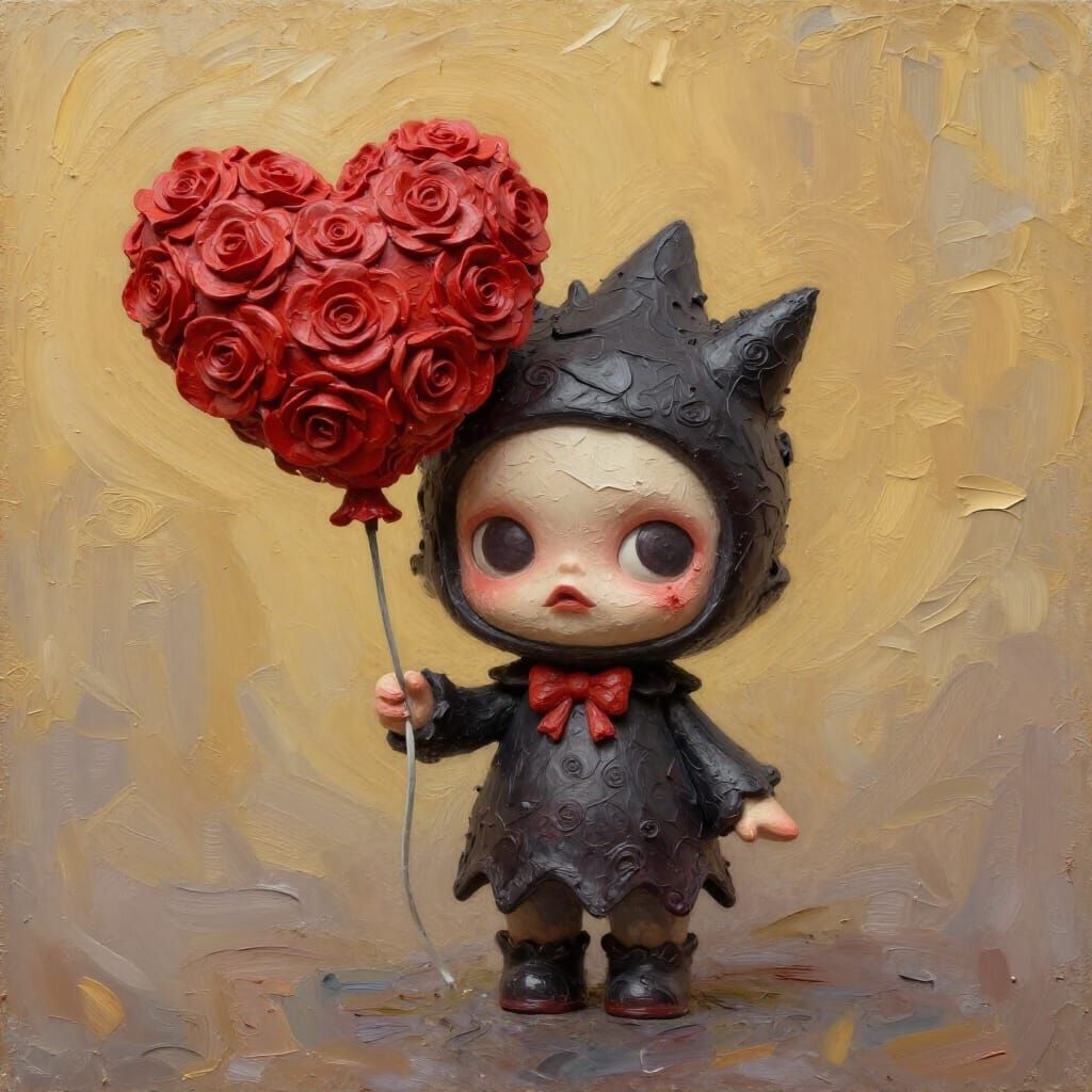 Gothic Character with Rose Heart Balloon in Surreal Impasto ...