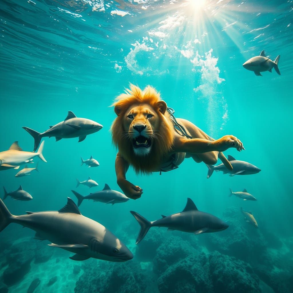 Lion Swims with Sharks: A Photorealistic Seascape