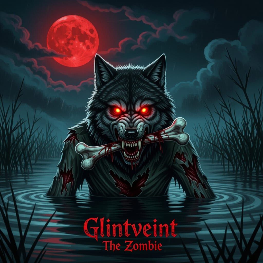 Zombie Wolf Emerges From Water Under Red Moon