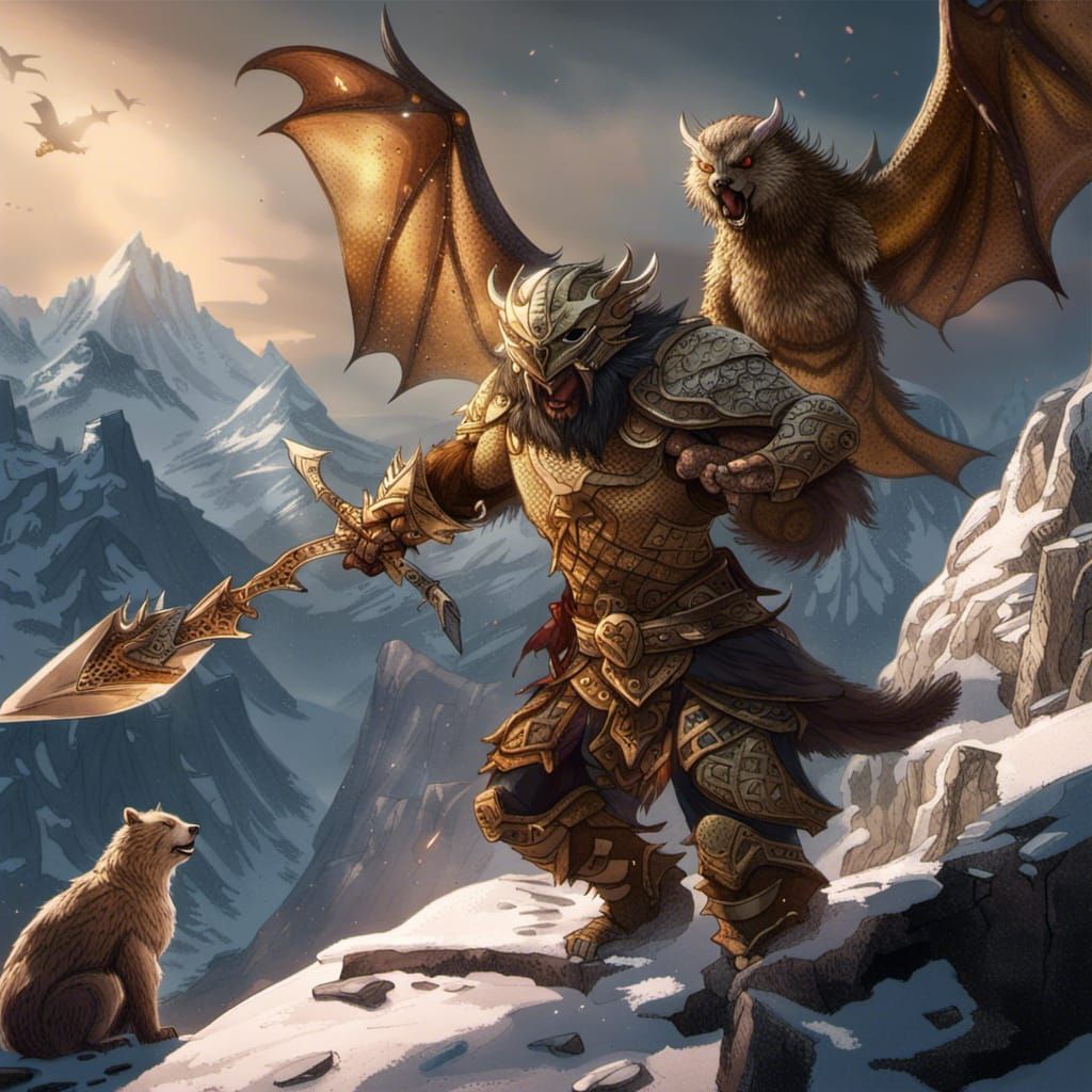 Dragonborn Barbarian vs Owlbear: Fantasy Concept Art
