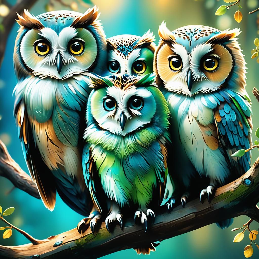 Colorful Fluffy Owls on Branch: Hyperrealistic Concept Art