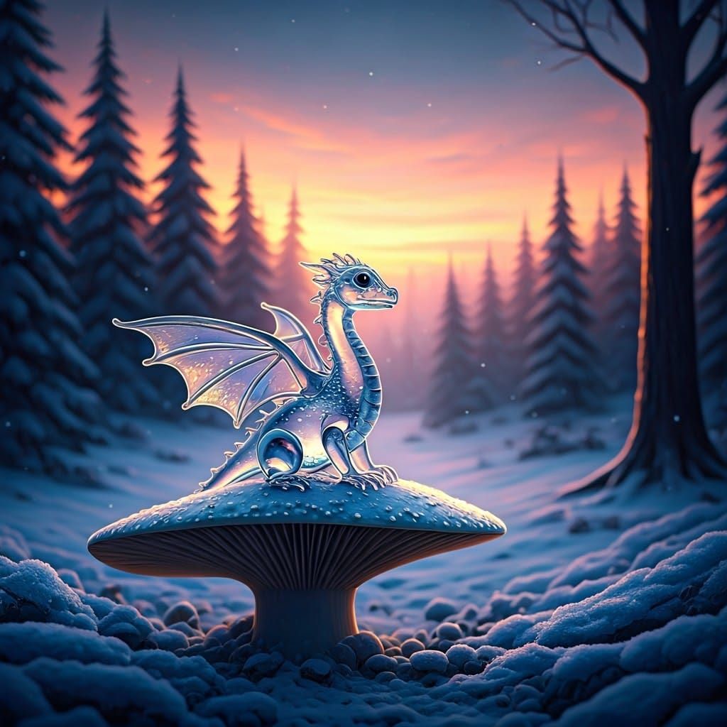 Glass Dragon in Bioluminescent Winter Wonderland