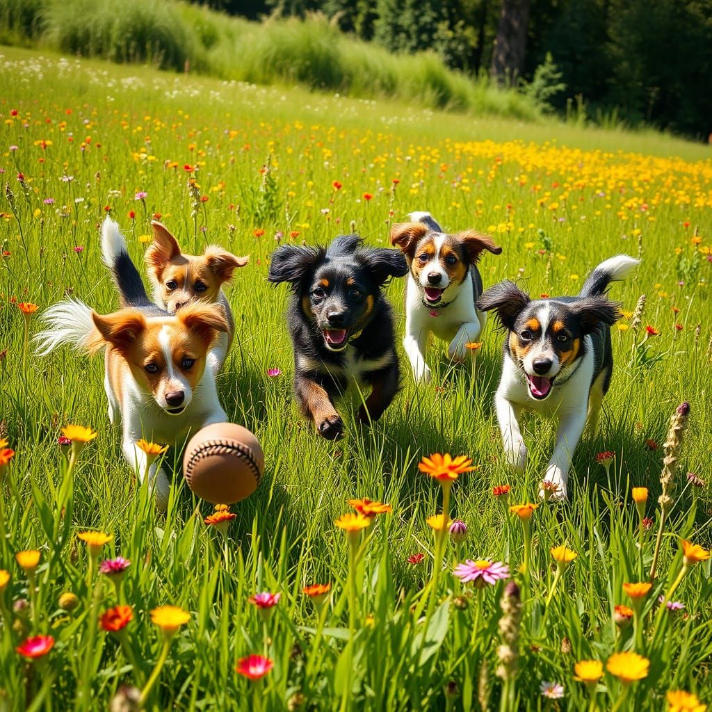 Dogs in a Field: Whimsical Impressionist Scene of Playful Ca...