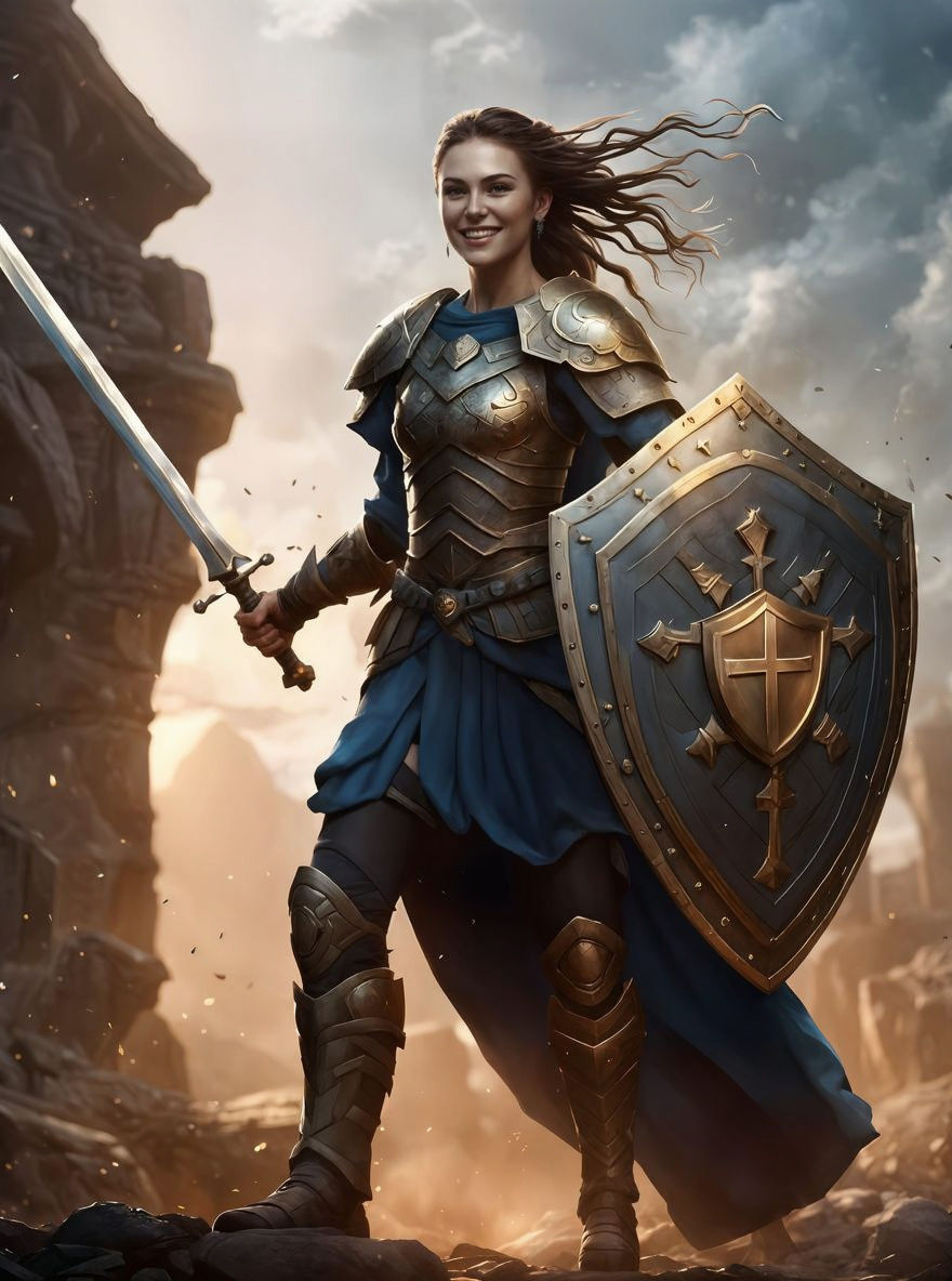 Smiling Warrior Woman Portrait with Shield and Sword