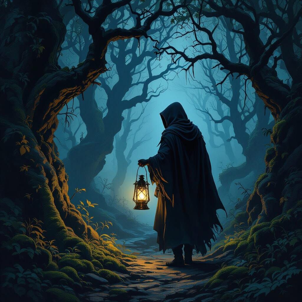 Twilight Journey: Cloaked Traveler in Ancient Forest