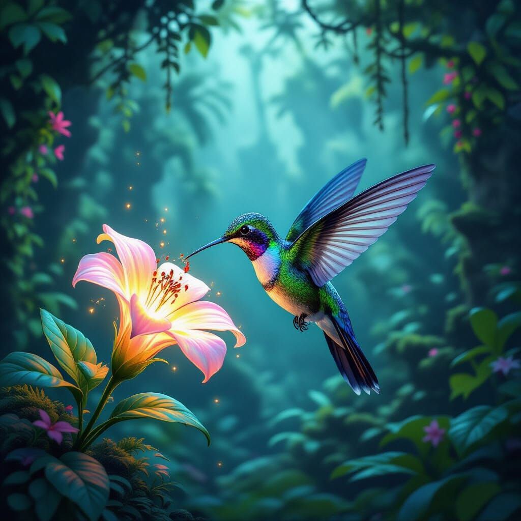 Hummingbird Sipping Nectar in Bioluminescent Jungle Oasis