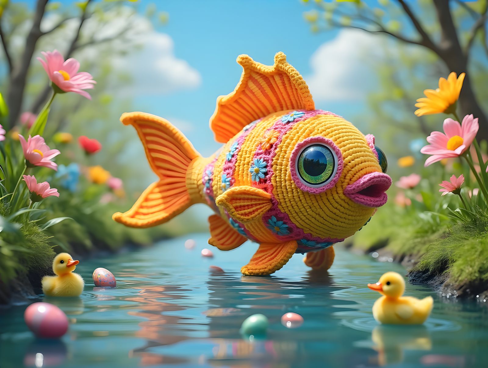 Golden Easter Fish in Whimsical Floral Wonderland