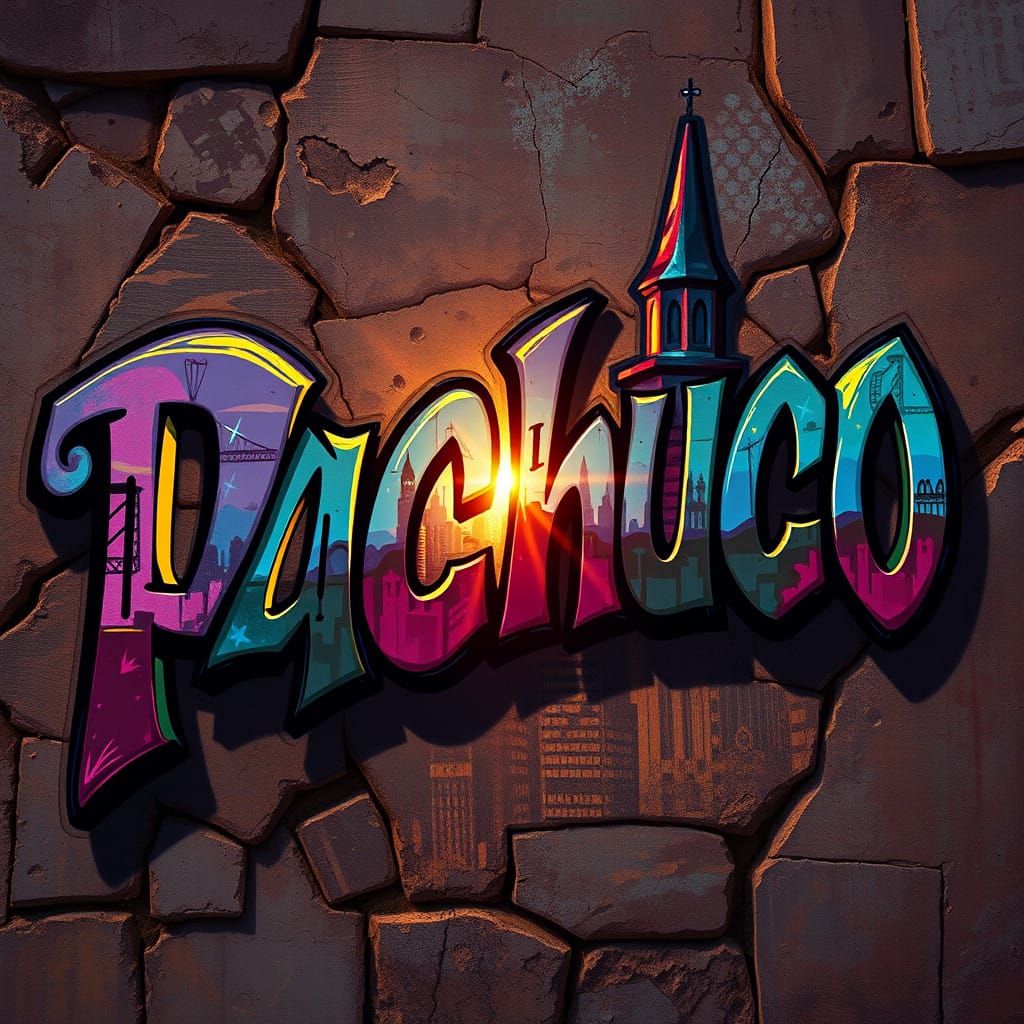 Vibrant Pachuco Cityscape in Gothic Old English Lettering