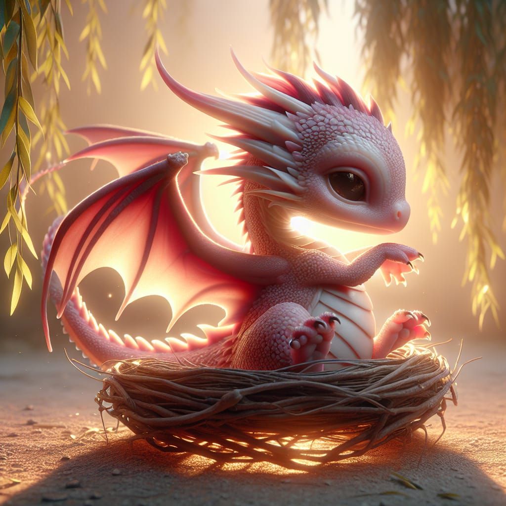 Adorable Pink Dragon in Nest, CGI Render