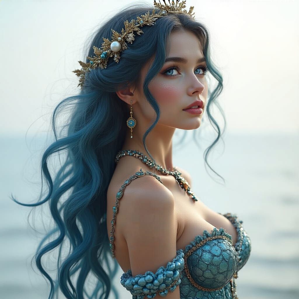 Elegant Hyperrealistic Mermaid with Silver Hair and Ocean Je...
