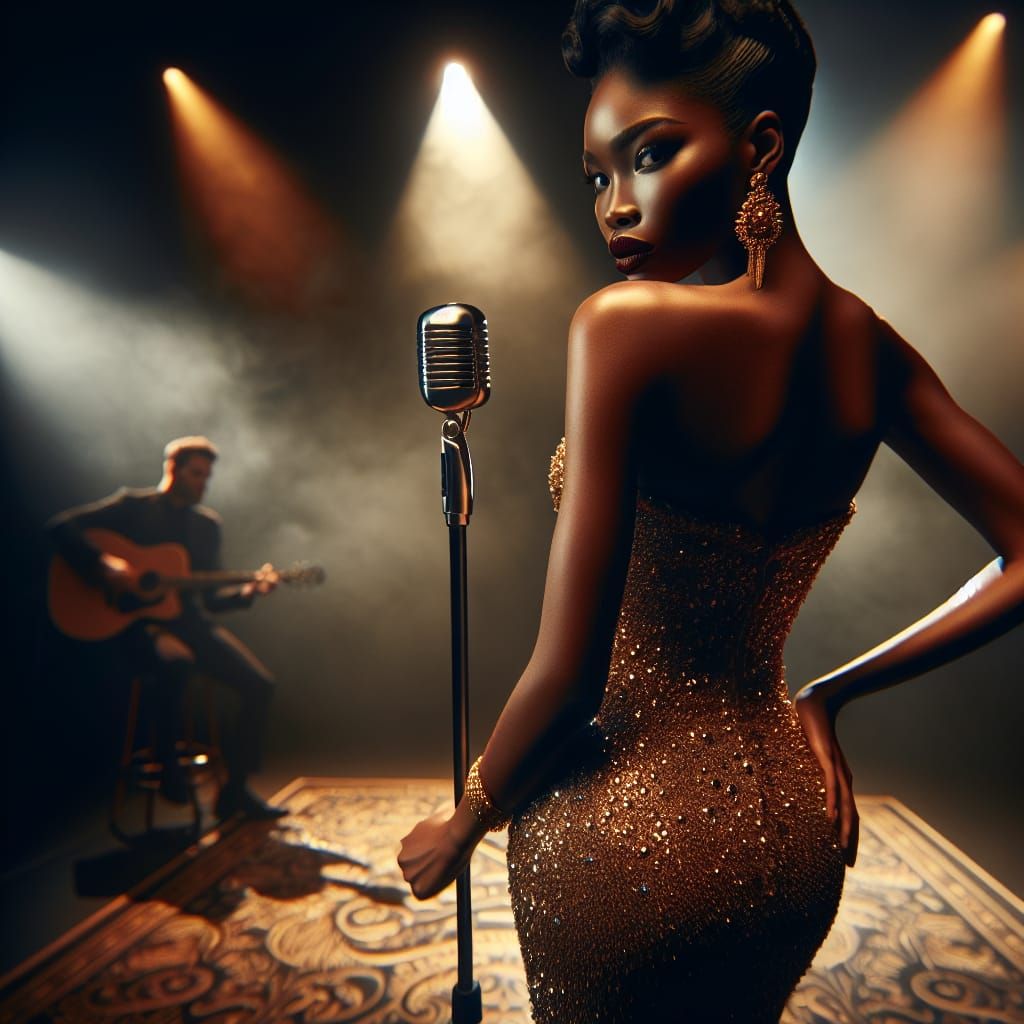 Vintage Jazz Singer in Gold Gown on Stage