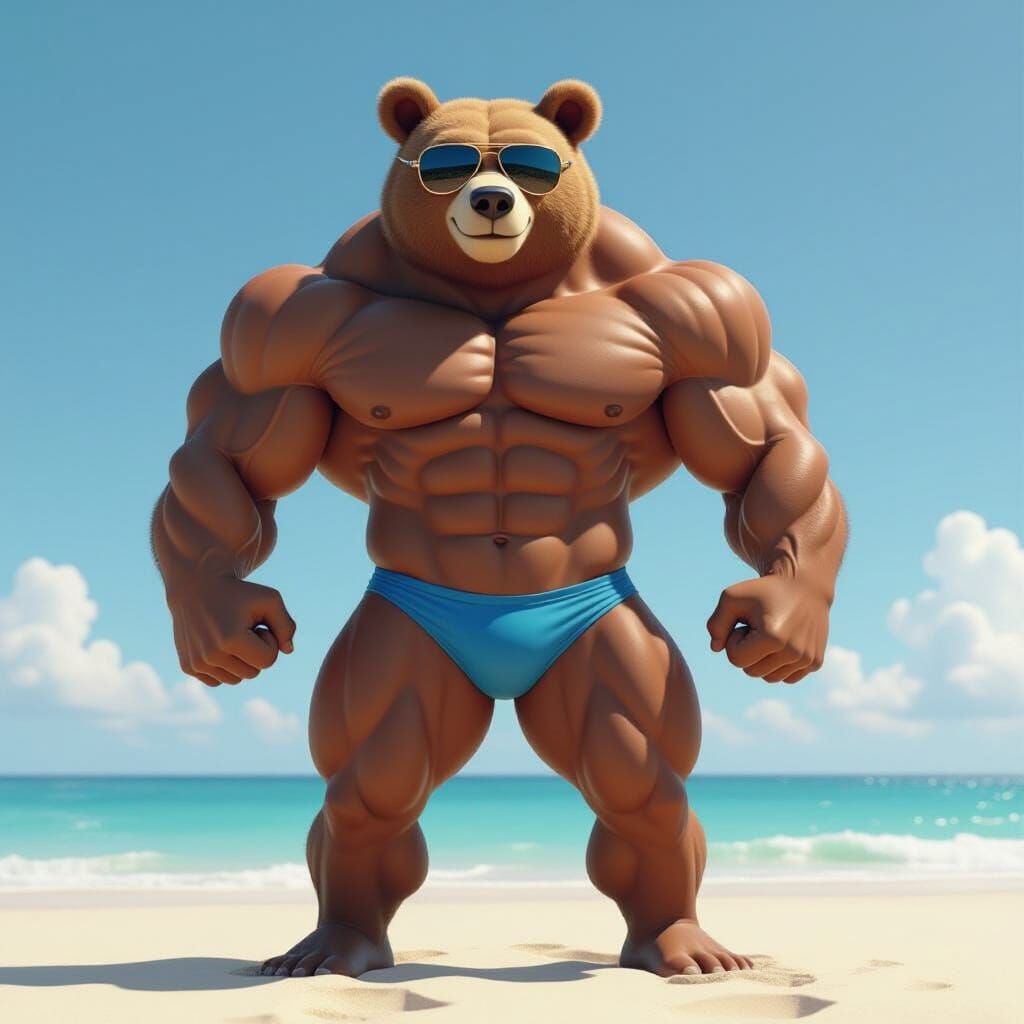 Muscular Bear Bodybuilder on Beach in Pixar Style